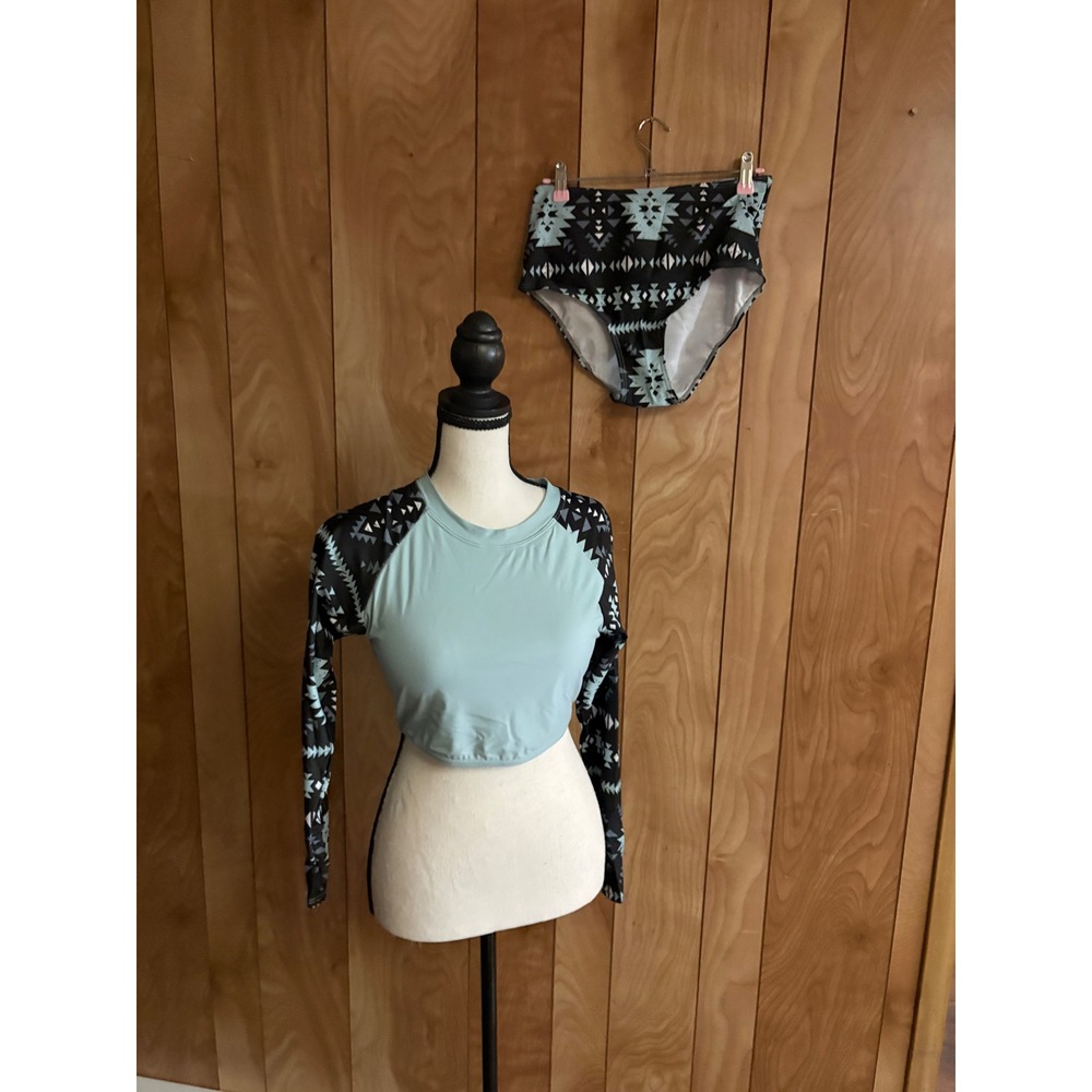 Womens Blue Tribal Print Long Sleeve Rash Guard High Waist Bikini Set Small